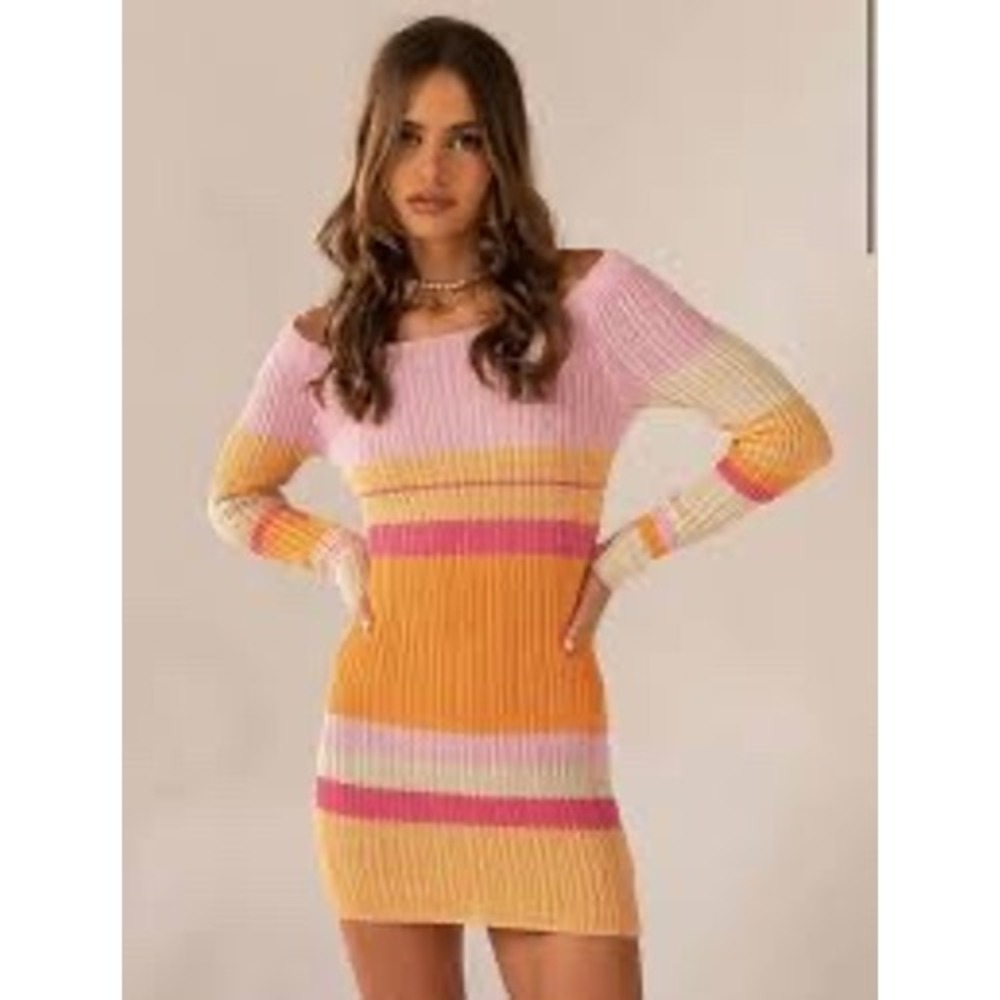 Peppermayo Sunset Striped Ribbed Knit Off Shoulder Mini Dress Pink Orange S/M